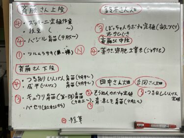 2021年4月8日(木)の作業記録 (田中さん畑の赤かぶ撤去作業、斉藤さん畑の上の畑の葉ねぎを全て収穫後に撤去作業、吉岡さん畑の除草作業、畑作業ミーティング)